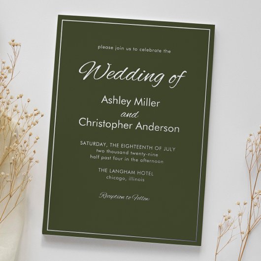 Minimalistisch Script Leger Green Wedding Folie Uitnodiging