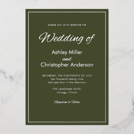 Minimalistisch Script Leger Green Wedding Folie Uitnodiging (Voorkant)