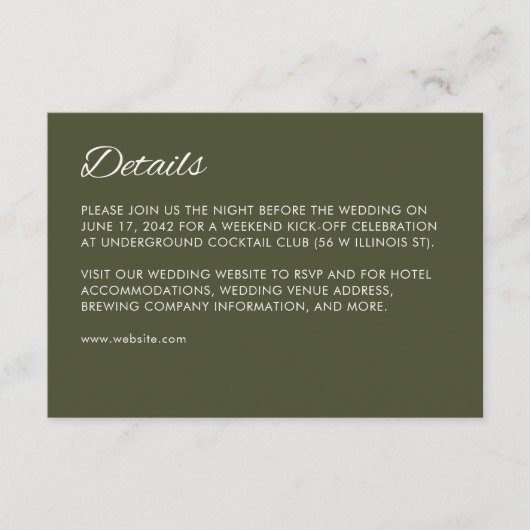 Minimalistisch Script Leger Green Wedding Informatiekaartje (Voorkant)