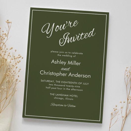 Minimalistisch Script Leger Green Wedding Kaart