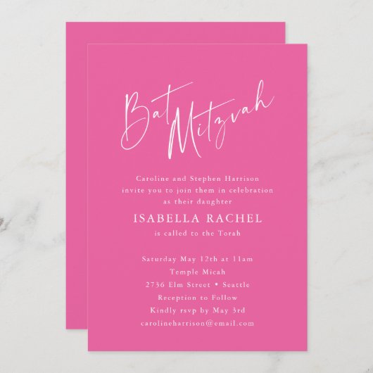 Minimalistisch Script Leuk Hot Pink Modern Bat Mit Kaart (Voorkant / Achterkant)