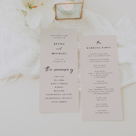 Minimalistisch script licht beige huwelijksceremon programmakaart