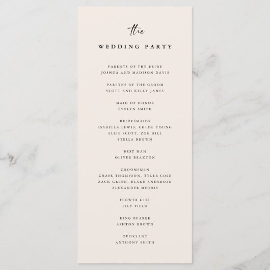 Minimalistisch script licht beige huwelijksceremon programmakaart (Achterkant)