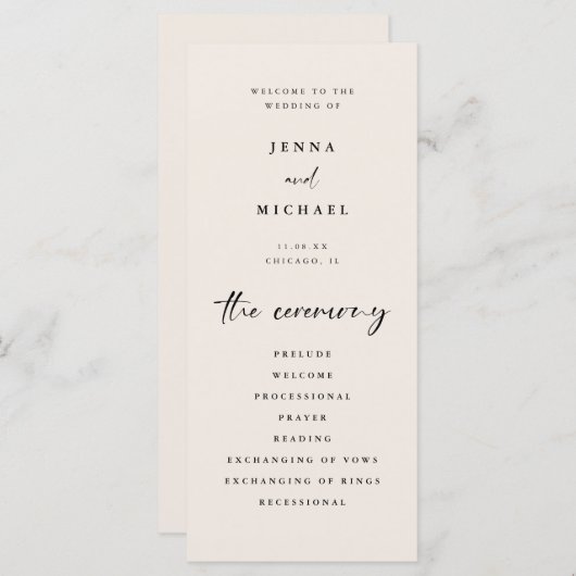 Minimalistisch script licht beige huwelijksceremon programmakaart (Voorkant / Achterkant)