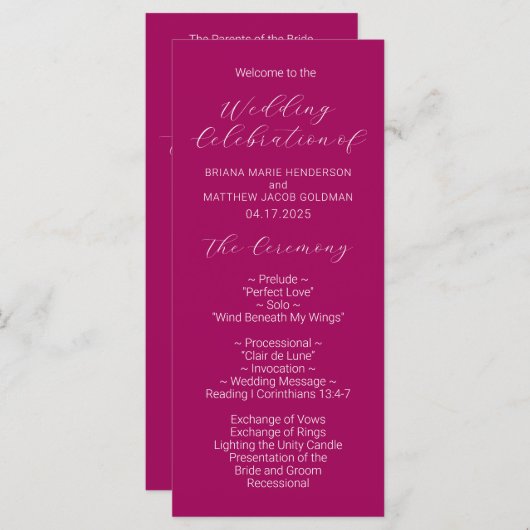 Minimalistisch script Magenta Wedding Program Programmakaart (Voorkant / Achterkant)