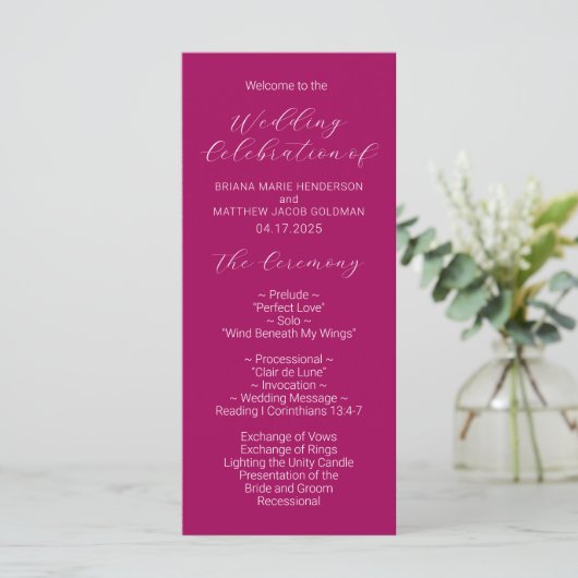 Minimalistisch script Magenta Wedding Program Programmakaart (Staand voorkant)