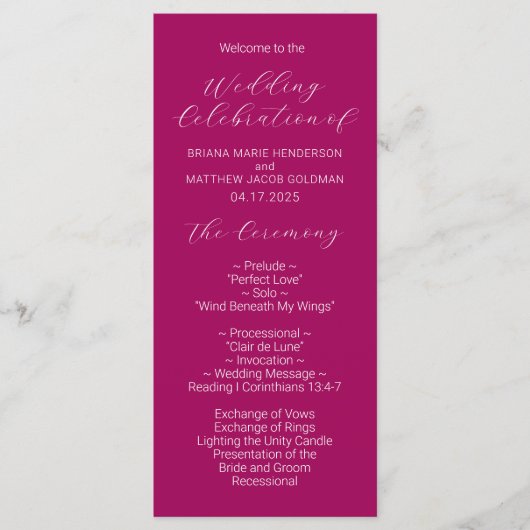 Minimalistisch script Magenta Wedding Program Programmakaart (Voorkant)