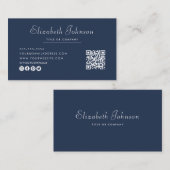 Minimalistisch Script Marine Blauw QR Code Profess Visitekaartje (Voorkant / Achterkant)