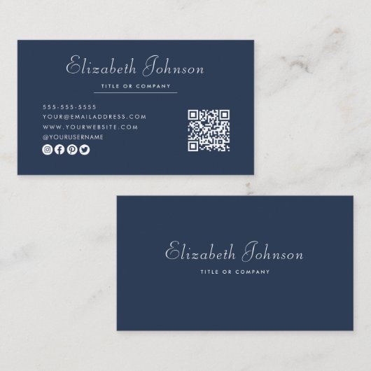 Minimalistisch Script Marine Blauw QR Code Profess Visitekaartje (Voorkant / Achterkant)