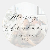Minimalistisch script Merry Christmas Photo Overla Ronde Sticker (Voorkant)