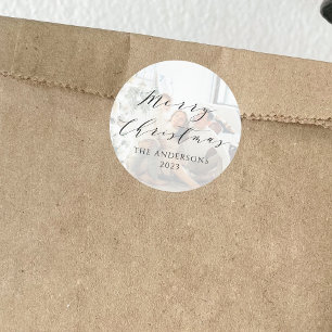 Minimalistisch script Merry Christmas Photo Overla Ronde Sticker