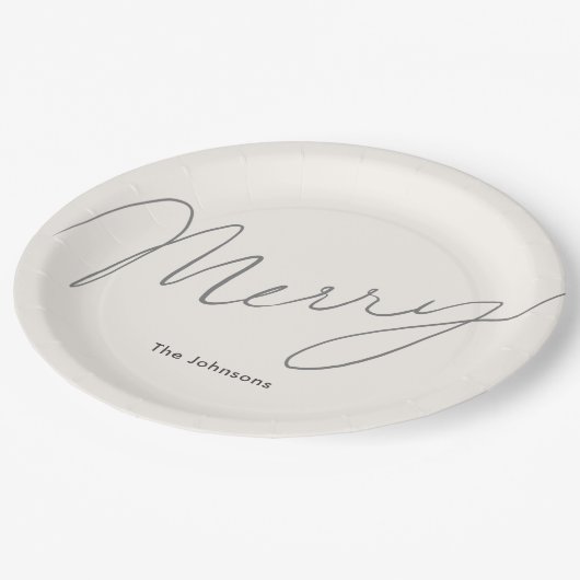 Minimalistisch Script Merry Cream White Papieren Bordje (Gekanteld)
