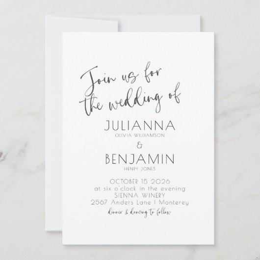 Minimalistisch script met zwarte witte bruiloft kaart (Voorkant)