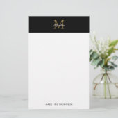 Minimalistisch Script Metallic Black Gold Monogram Briefpapier (Staand voorkant)