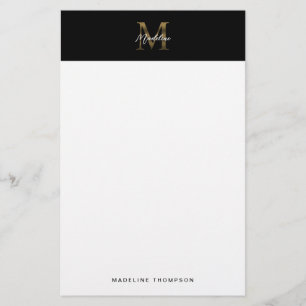 Minimalistisch Script Metallic Black Gold Monogram Briefpapier