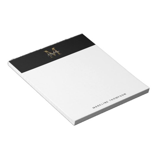 Minimalistisch Script Metallic Black Gold Monogram Notitieblok (Schuin)