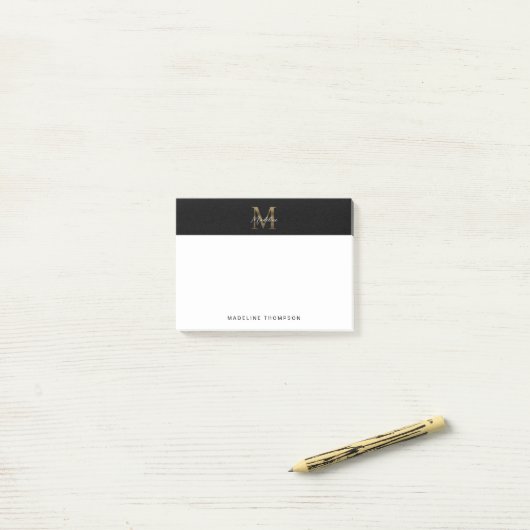 Minimalistisch Script Metallic Black Gold Monogram Post-it® Notes (Op bureau)