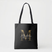 Minimalistisch Script Metallic Black Gold Monogram Tote Bag (Voorkant)
