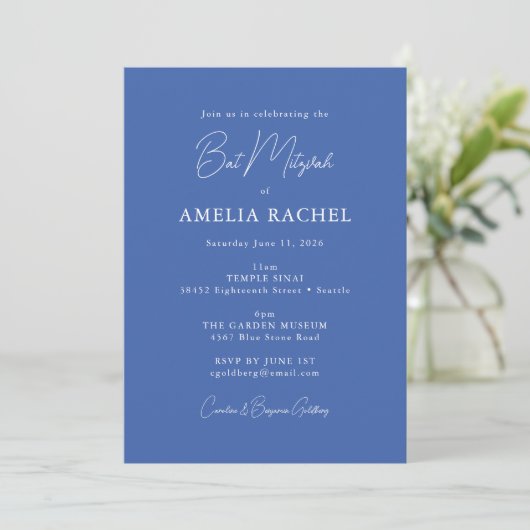 Minimalistisch script Modern Bat Mitzvah Cute Blue Kaart (Staand voorkant)