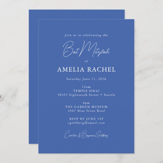 Minimalistisch script Modern Bat Mitzvah Cute Blue Kaart (Voorkant / Achterkant)