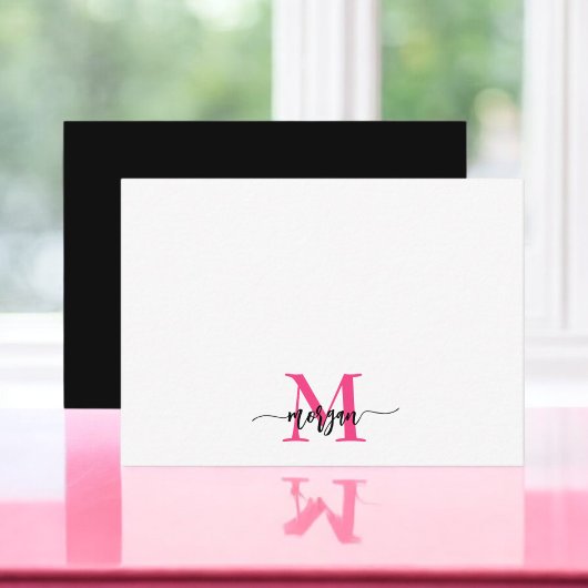 Minimalistisch Script Monogram Naam Hot Pink Black Notitiekaartje