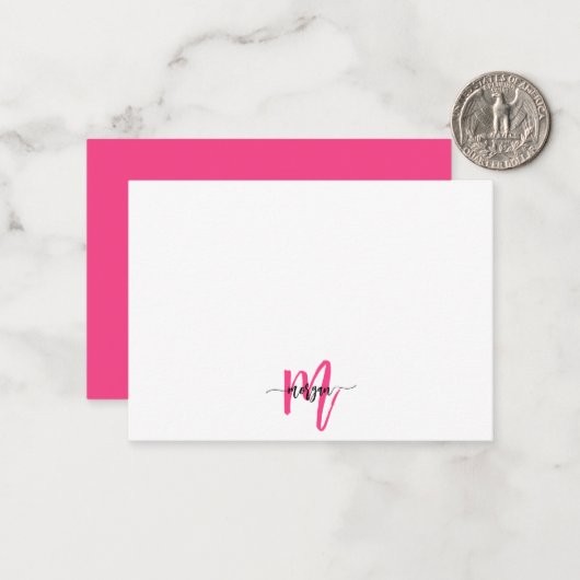 Minimalistisch Script Monogram naam Hot Pink Notitiekaartje (Voorkant / Achterkant in situ)