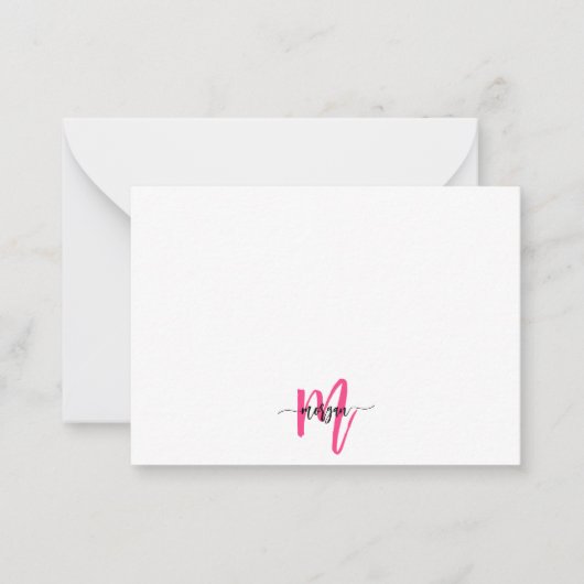 Minimalistisch Script Monogram naam Hot Pink Notitiekaartje (Voorkant)