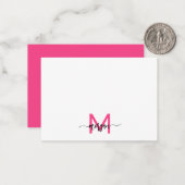 Minimalistisch Script Monogram naam Hot Pink Notitiekaartje (Voorkant / Achterkant in situ)