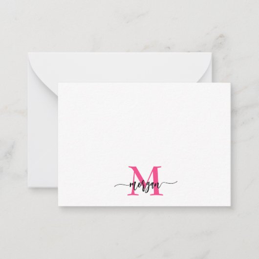 Minimalistisch Script Monogram naam Hot Pink Notitiekaartje (Voorkant)