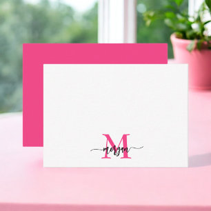 Minimalistisch Script Monogram naam Hot Pink Notitiekaartje