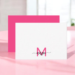 Minimalistisch Script Monogram naam Hot Pink Notitiekaartje