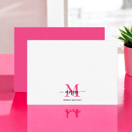 Minimalistisch Script Monogram naam Hot Pink Notitiekaartje