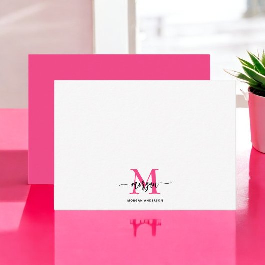 Minimalistisch Script Monogram naam Hot Pink Notitiekaartje