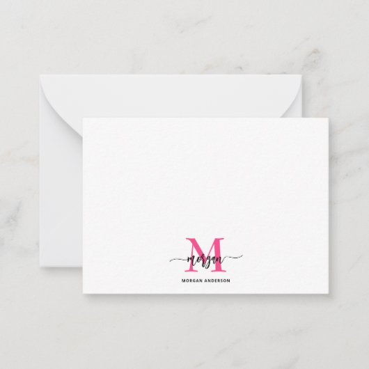 Minimalistisch Script Monogram naam Hot Pink Notitiekaartje (Voorkant)
