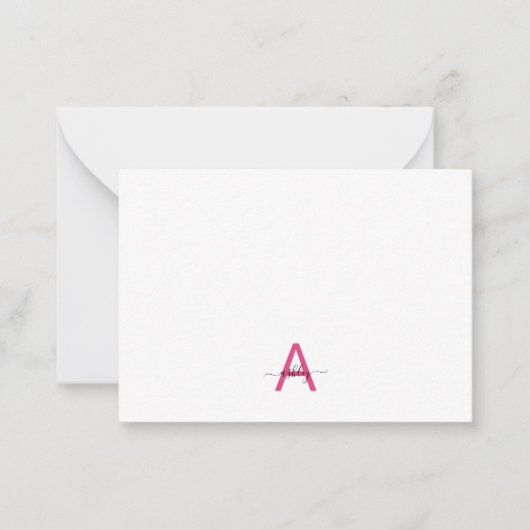 Minimalistisch Script Monogram naam Hot Pink Notitiekaartje (Voorkant)