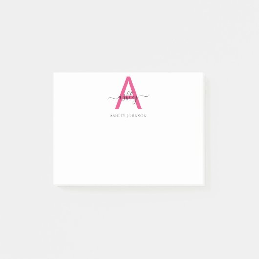 Minimalistisch Script Monogram naam Hot Pink Post-it® Notes (Voorkant)