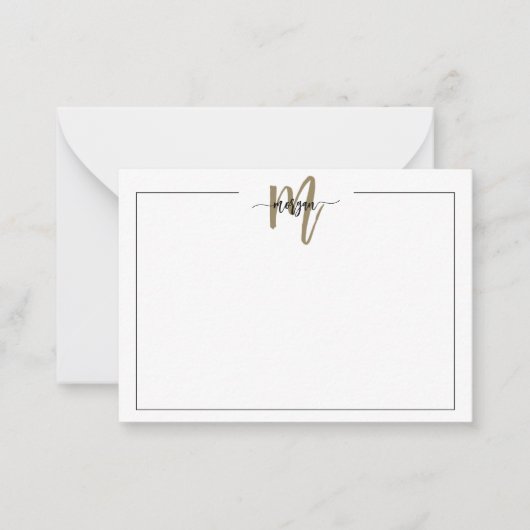 Minimalistisch Script Monogram One Border Gold Notitiekaartje (Voorkant)