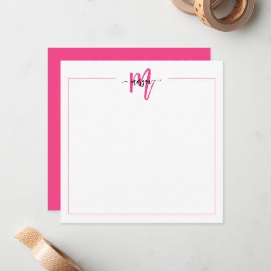 Minimalistisch Script Monogram One Border Hot Pink Notitiekaartje (Voorkant / Achterkant in situ)
