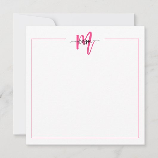 Minimalistisch Script Monogram One Border Hot Pink Notitiekaartje (Voorkant)