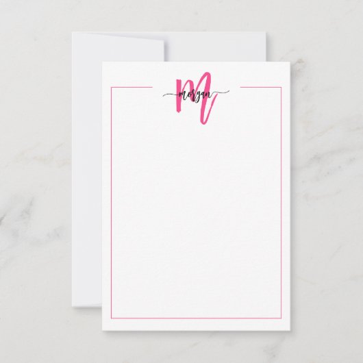 Minimalistisch Script Monogram One Border Hot Pink Notitiekaartje (Voorkant)