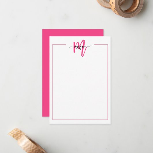 Minimalistisch Script Monogram One Border Hot Pink Notitiekaartje (Voorkant / Achterkant in situ)