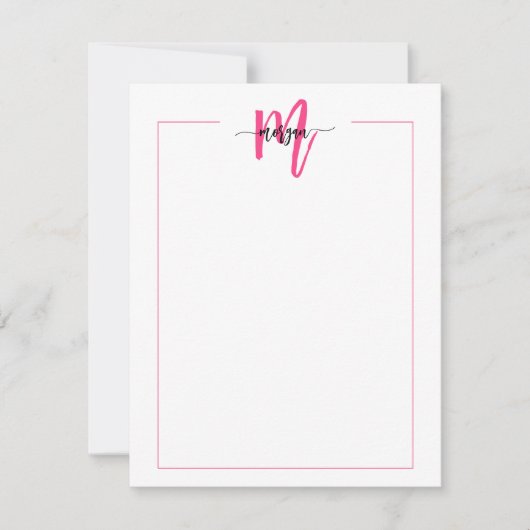 Minimalistisch Script Monogram One Border Hot Pink Notitiekaartje (Voorkant)
