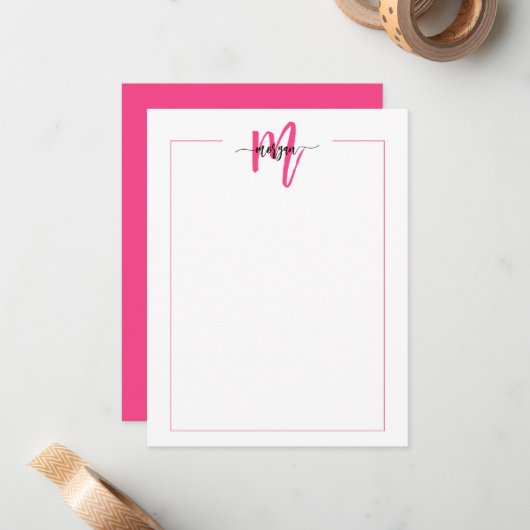Minimalistisch Script Monogram One Border Hot Pink Notitiekaartje (Voorkant / Achterkant in situ)