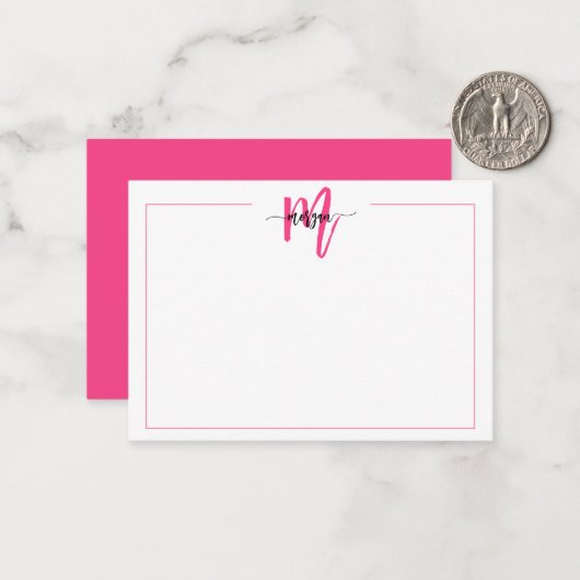 Minimalistisch Script Monogram One Border Hot Pink Notitiekaartje (Voorkant / Achterkant in situ)