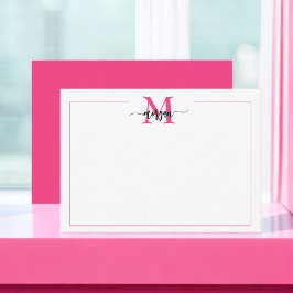 Minimalistisch Script Monogram One Border Hot Pink Notitiekaartje