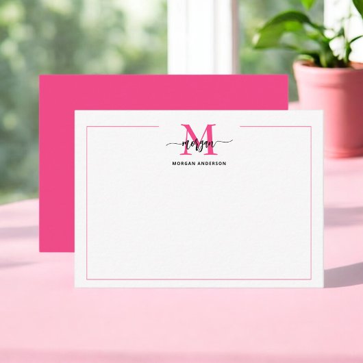 Minimalistisch Script Monogram One Border Hot Pink Notitiekaartje