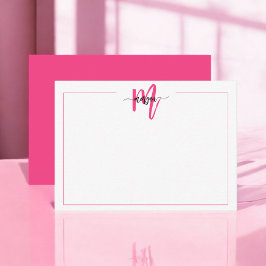 Minimalistisch Script Monogram One Border Hot Pink Notitiekaartje