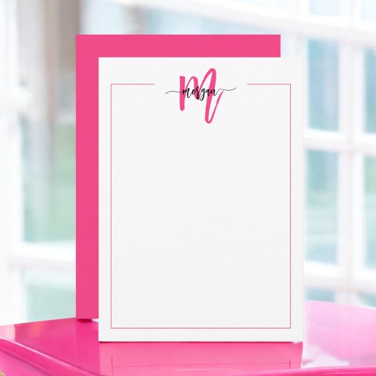 Minimalistisch Script Monogram One Border Hot Pink Notitiekaartje