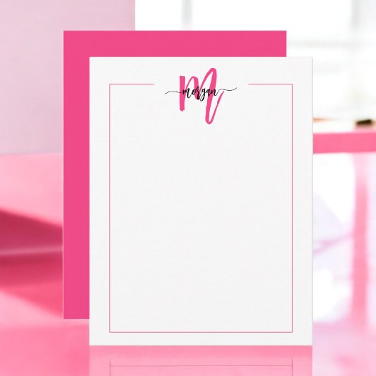 Minimalistisch Script Monogram One Border Hot Pink Notitiekaartje