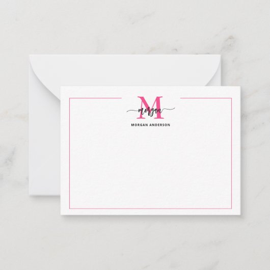 Minimalistisch Script Monogram One Border Hot Pink Notitiekaartje (Voorkant)